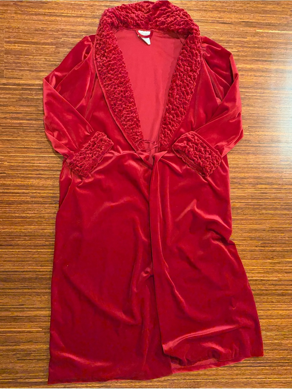 Vintage Robe Women Wrap Ruffle Red Velvet Tie Maxi Long Sleeve Hollywood 70s USA